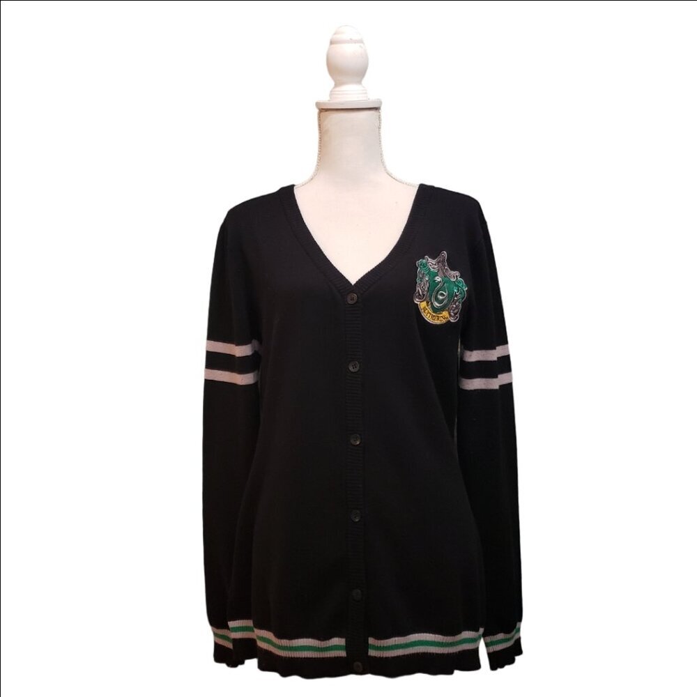 Harry Potter Women's Black Cardigan Size XL Green Slytherin Crest - Picture 3 of 7